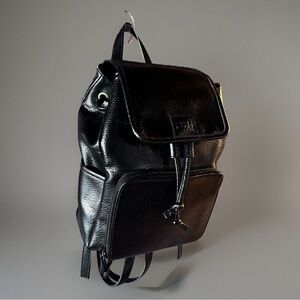 Crazy Horse Leather Backpack Black Zipper-Back Front Compartment Pull-Tie Top